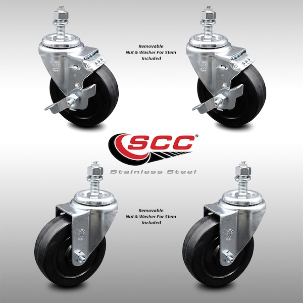 Service Caster 4 Inch SS Soft Rubber Wheel Swivel 1/2 Inch Threaded Stem Caster Brakes SCC, 2PK SCC-SSTS20S414-SRS-121315-2-TLB-2 - main